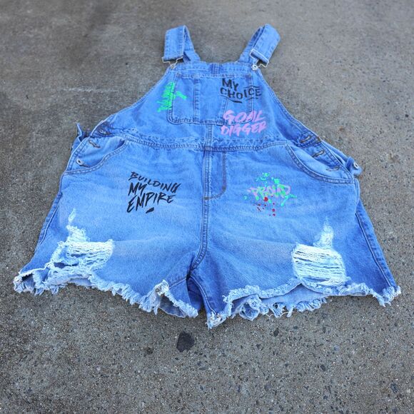 SPOON Distressed Denim Overall Shorts 1X – Graphic Cutoff Plus Size - Picture 6 of 9